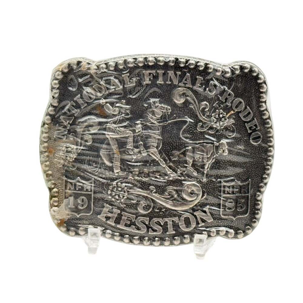 Hesston 1985 National Finals Rodeo Belt Buckle Fred Fellows with Paper Insert